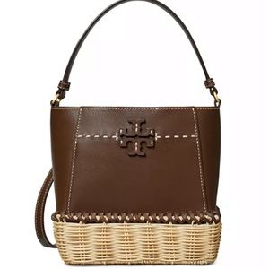 NWT Tory Burch McGraw Wicker Bucket Bag Cold Brew